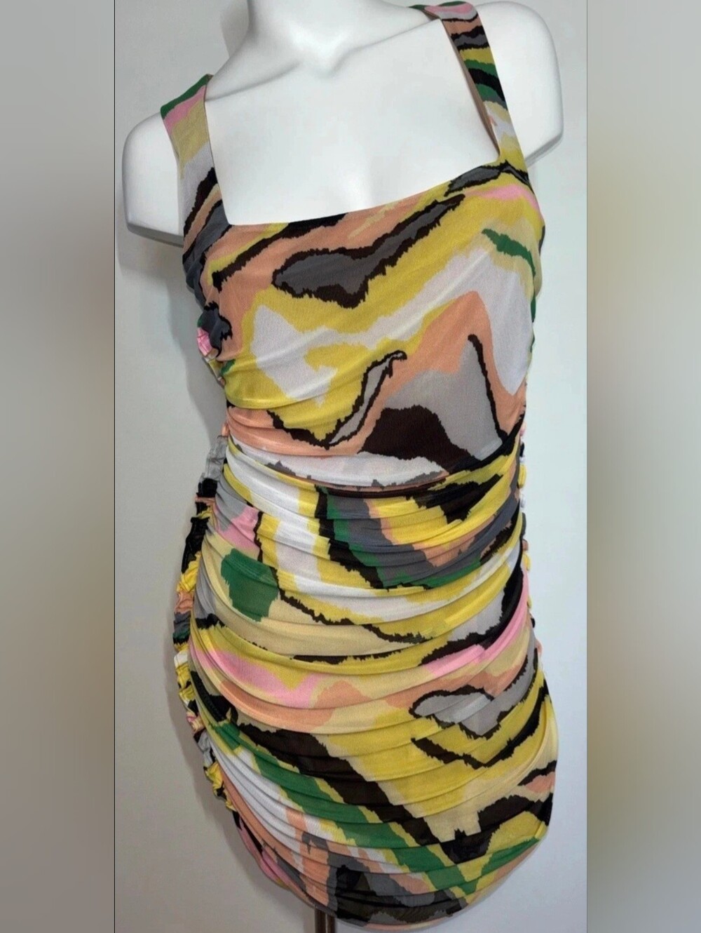 AFRM Yellow Multicolor Abstract Ruched Bodycon Dress